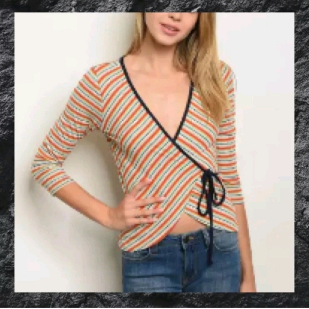 NWT Ginger G Striped Wrap Sleeved Top